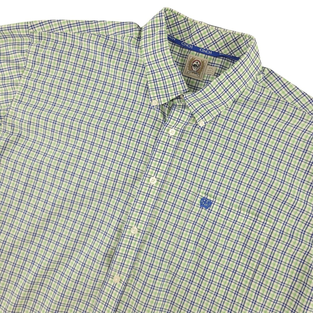 Cinch Shirt Mens 2XL Green Plaid Short Sleeve Button Down Western Cotton Casual
